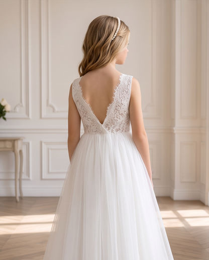 Girls White Lace Bodice Tulle Communion Dress - Full Length Front View