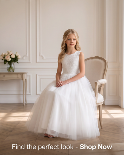 Girls White Lace Bodice Tulle Communion Dress - Lace Bodice Close Up