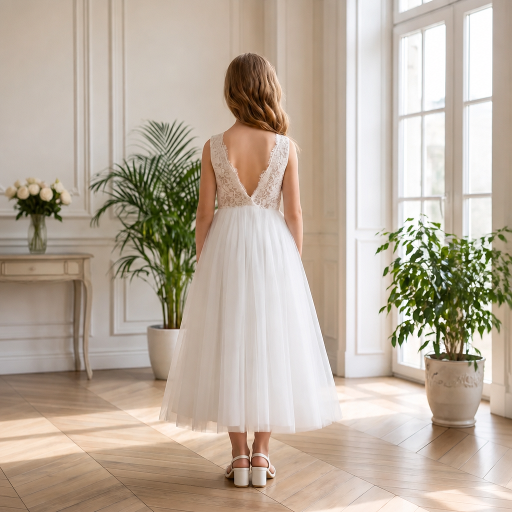 Girls White Lace Bodice Tulle Communion Dress - Deep V-Back Detail