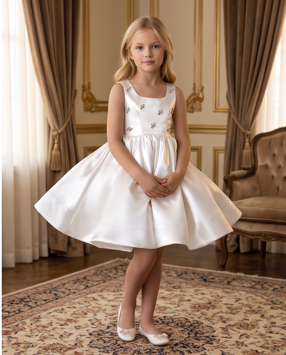 Girls Ivory Satin Crystal Flower Communion Dress - Crystal Embellishment Close Up
