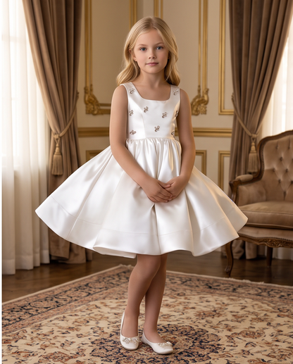 Girls Ivory Satin Crystal Flower Communion Dress - Crystal Embellishment Close Up
