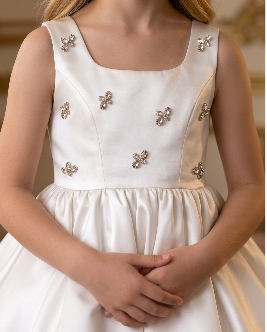 Girls Ivory Satin Crystal Flower Communion Dress - Back View by Window