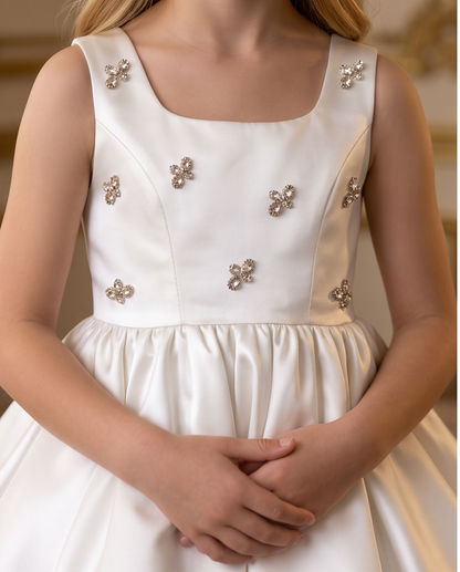 Girls Ivory Satin Crystal Flower Communion Dress - Back View by Window