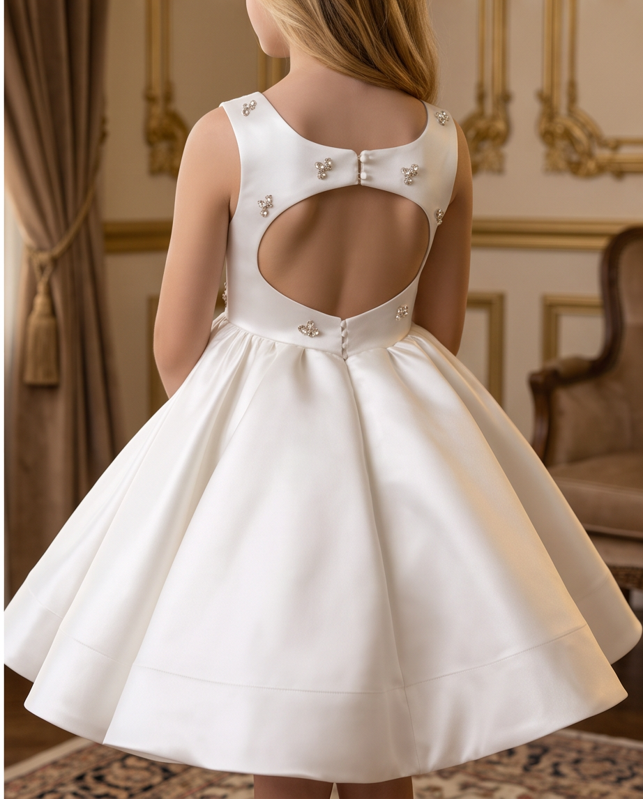 Girls Ivory Satin Crystal Flower Communion Dress - Full Length Front