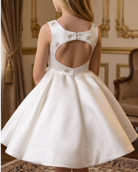 Girls Ivory Satin Crystal Flower Communion Dress - Full Length Front
