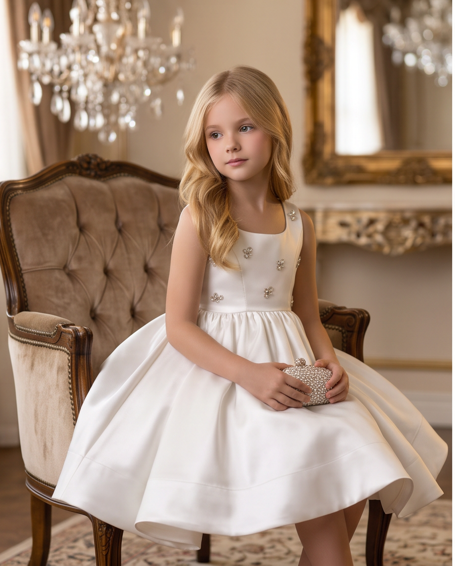 Girls Ivory Satin Crystal Flower Communion Dress - Open Back Cutout Detail