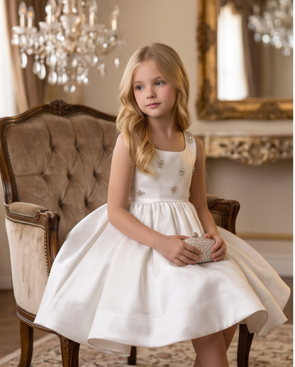 Girls Ivory Satin Crystal Flower Communion Dress - Open Back Cutout Detail
