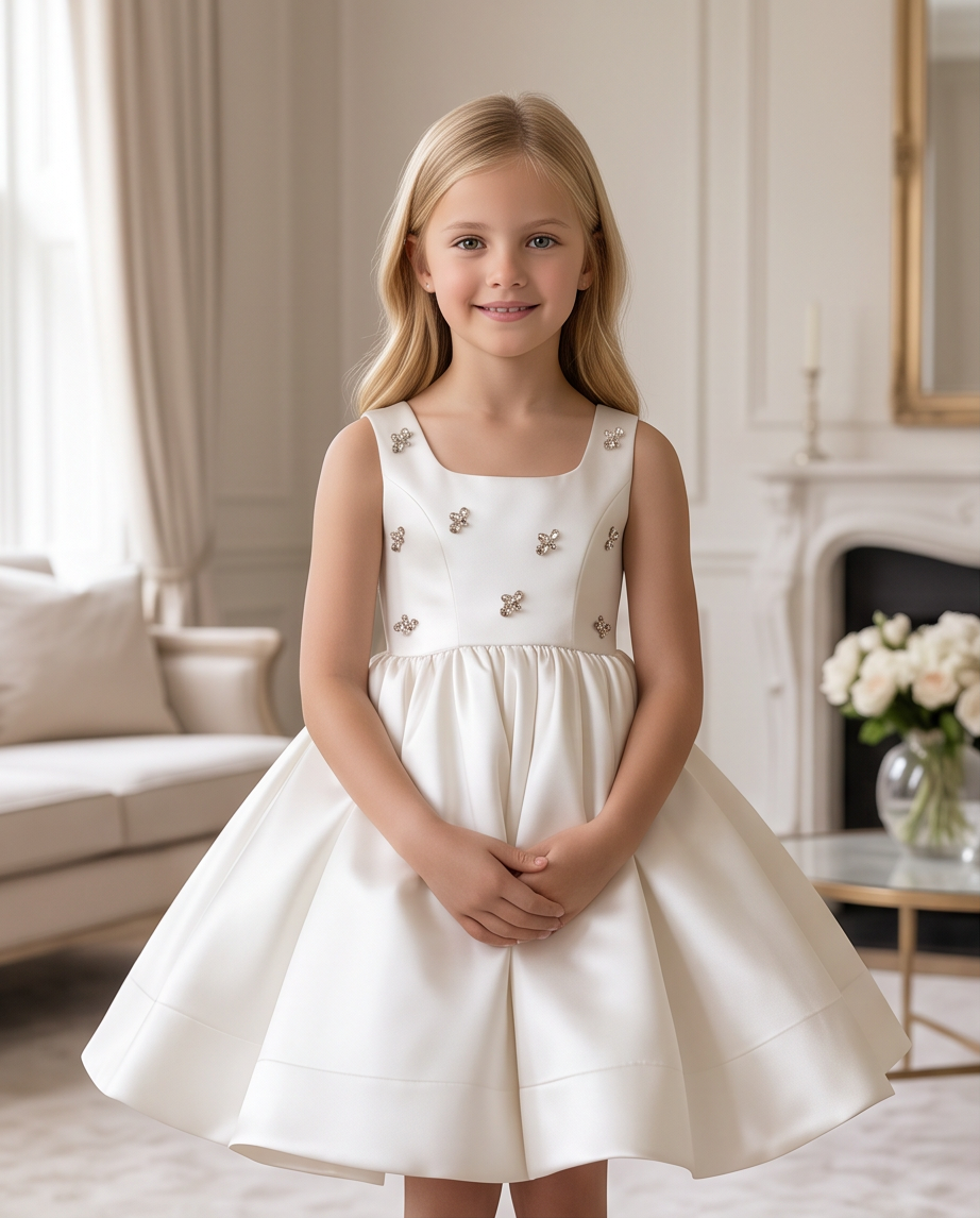 Girls Ivory Satin Crystal Flower Communion Dress - Side Profile