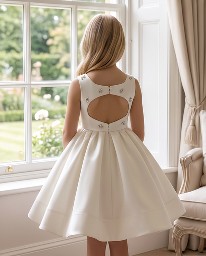 Girls Ivory Satin Crystal Flower Communion Dress - Smiling Front View