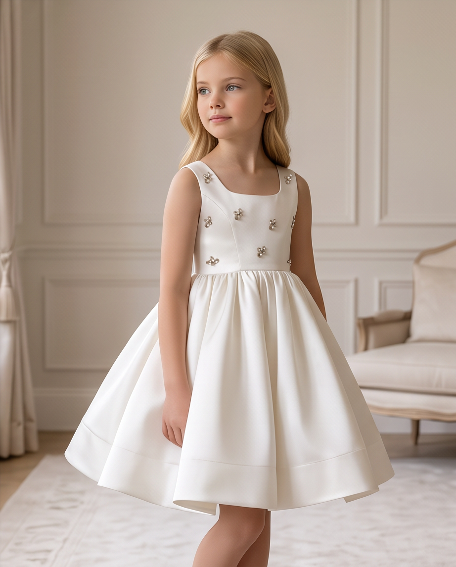 Girls Ivory Satin Crystal Flower Communion Dress - Crystal Flower Detail