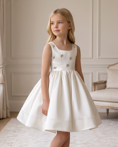 Girls Ivory Satin Crystal Flower Communion Dress - Crystal Flower Detail