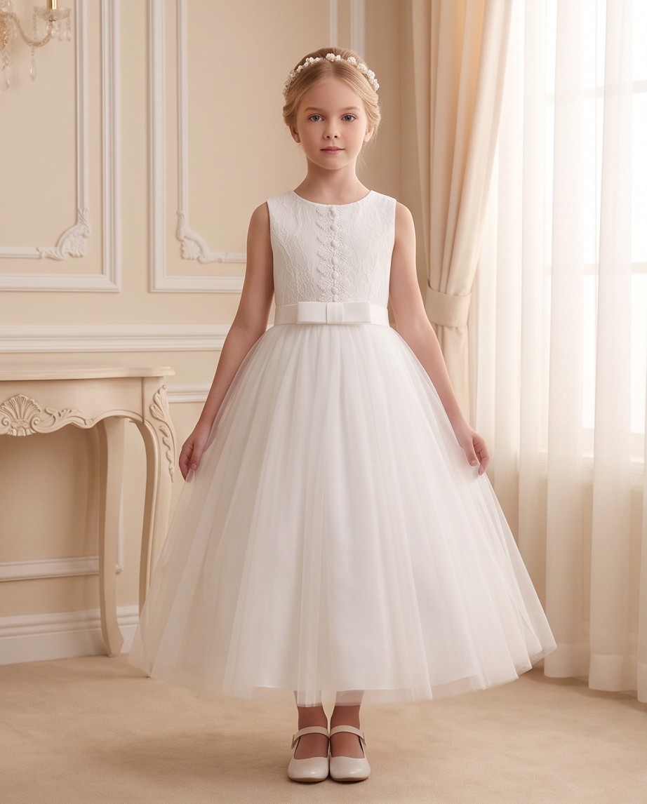 Girls White Lace Pearl Bodice Communion Dress - Full Length Standing Pose