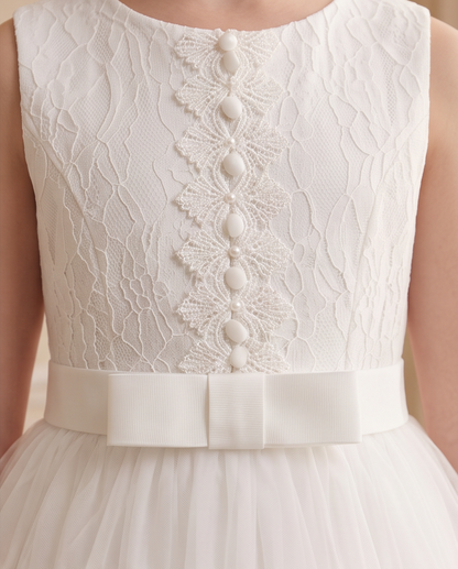 Girls White Lace Pearl Bodice Communion Dress - Side Profile View