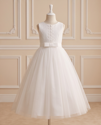 Girls White Lace Pearl Bodice Communion Dress - Elegant Lifestyle Pose