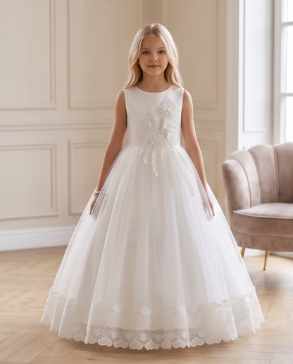 Girls White Satin 3D Floral Appliqué Communion Dress - Appliqué and Lace Detail