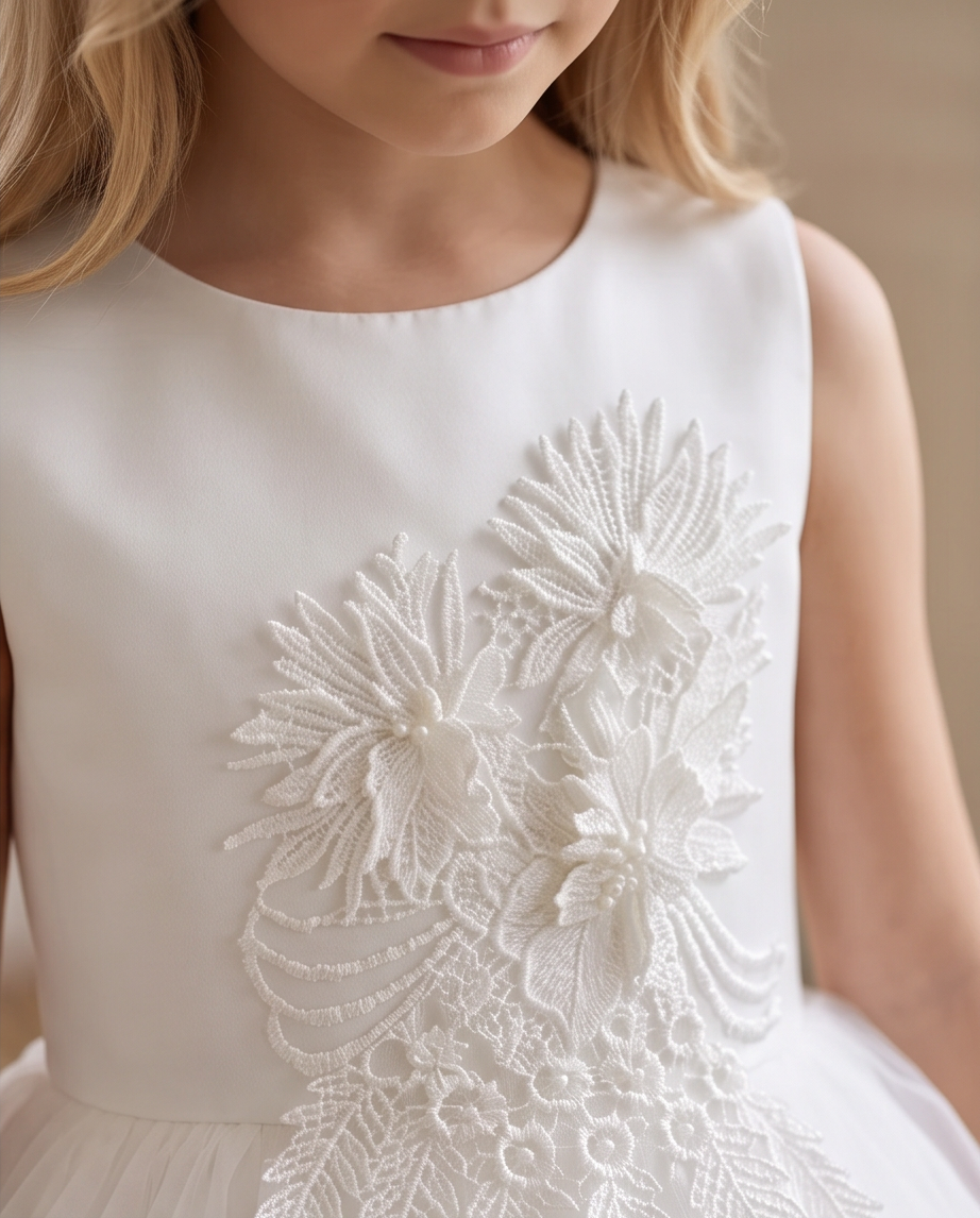 Girls White Satin 3D Floral Appliqué Communion Dress - Scalloped Lace Hem Detail