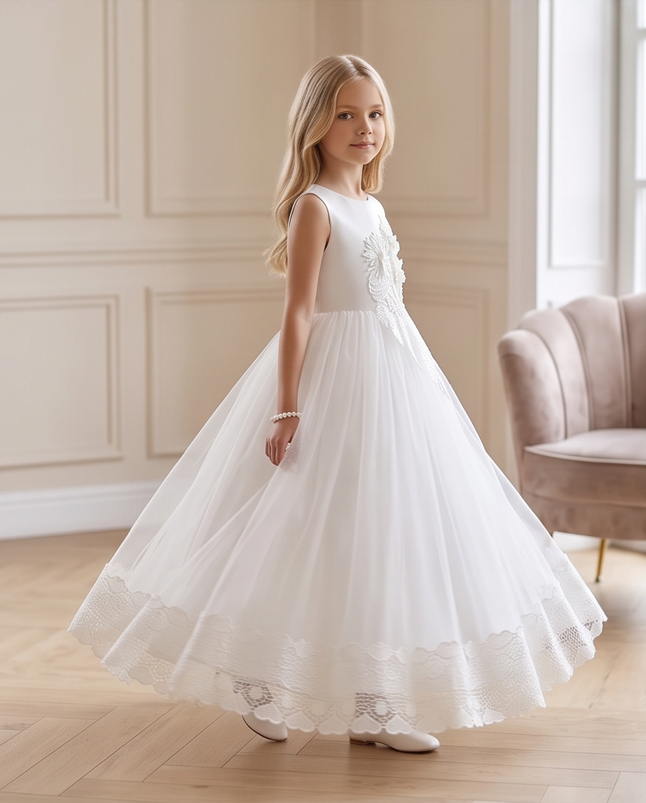 Girls White Satin 3D Floral Appliqué Communion Dress - Back View Full Length Lace Hem
