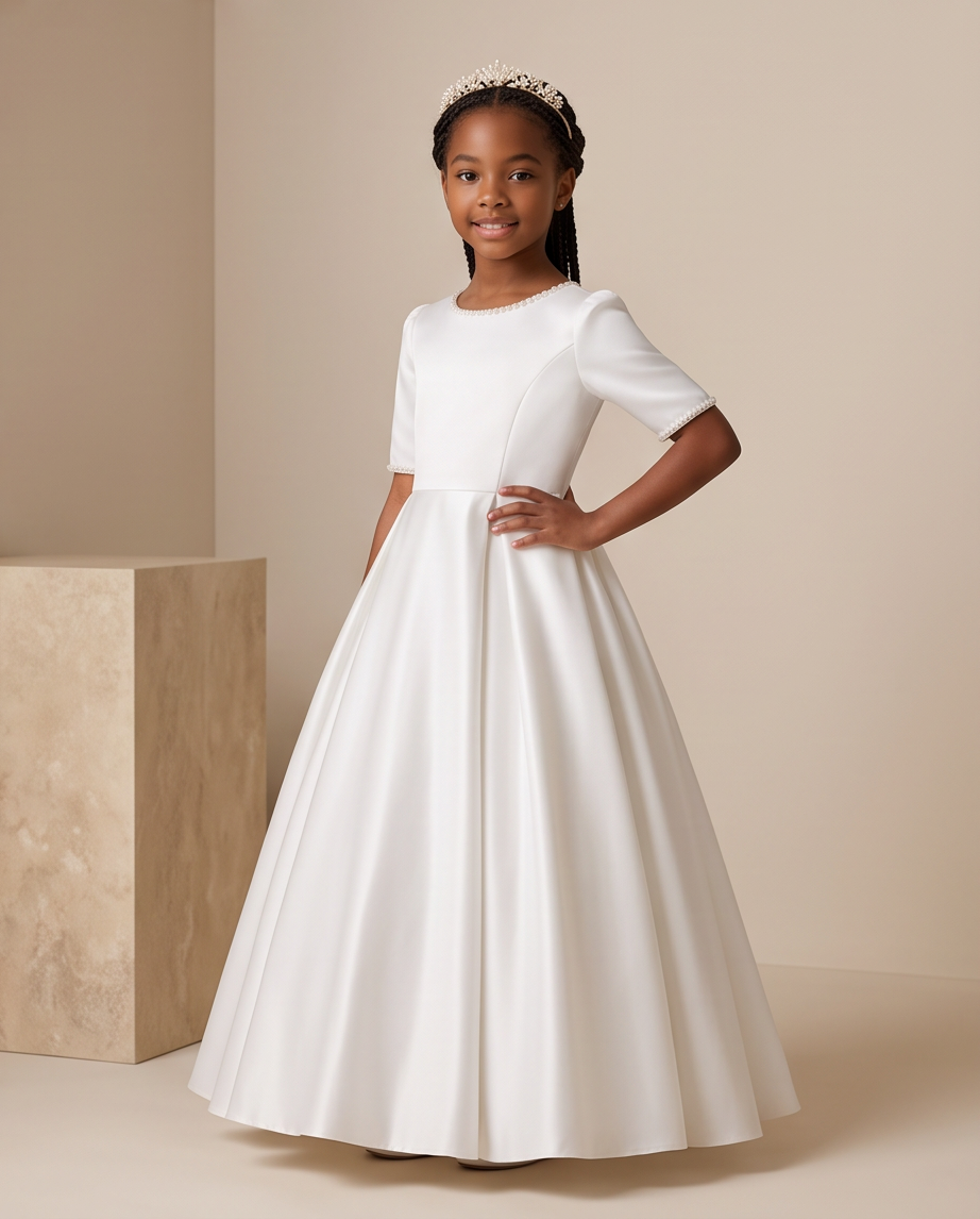 A young girl stands in a studio wearing a formal white dress with short sleeves, a round neckline, and a full satin-like skirt. She is posed with one hand on her hip, with a beige pedestal on the left and a warm beige background behind her.