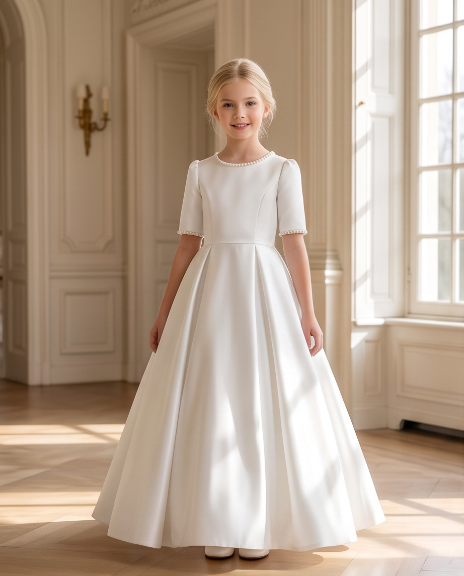 A young girl stands in a grand, sunlit interior wearing a floor-length white dress with short sleeves, a fitted bodice, and a full skirt. The room has cream walls, tall windows, and a light wood floor.