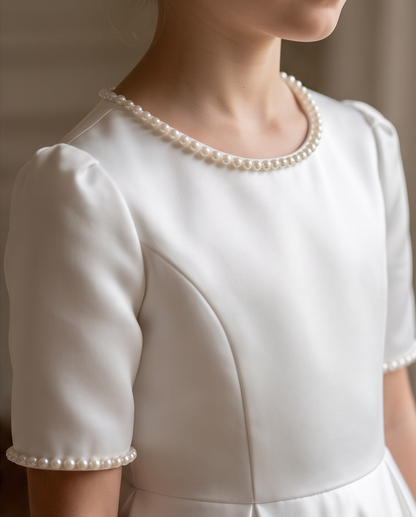 A close-up of a white short-sleeve dress with a round pearl neckline and matching pearl trim at the sleeve cuffs, worn by a model.