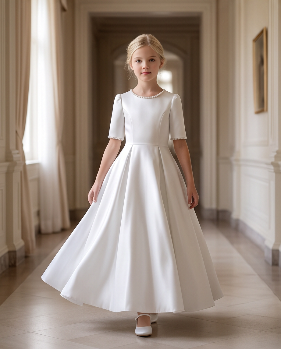 A young girl stands in a grand, elegant hallway wearing a floor-length white satin dress with short sleeves, a round neckline, and a full skirt.