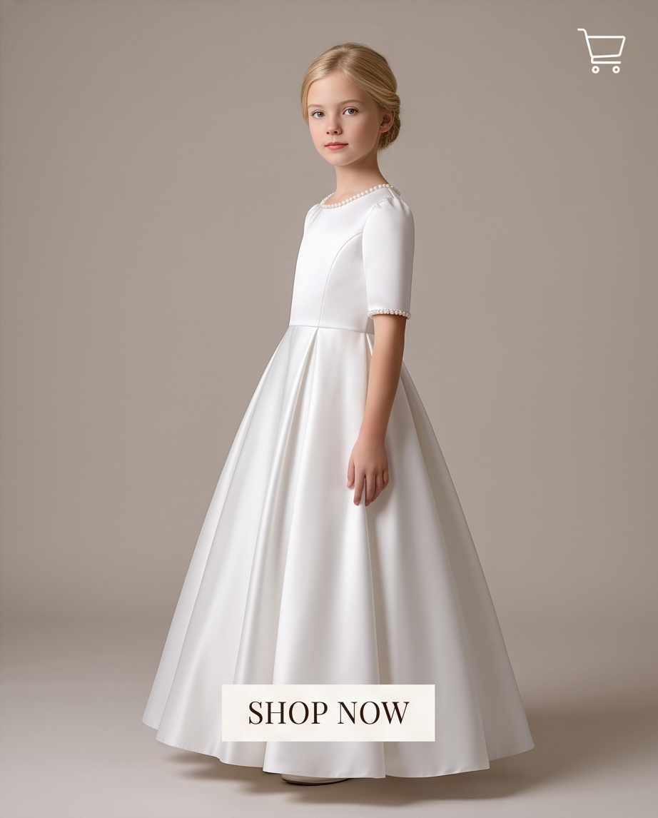 A young girl with blonde hair styled in a bun wears a formal white ball gown with short sleeves, a round neckline with delicate lace trim, and a full skirt. She is standing against a solid beige studio background with a 'SHOP NOW' banner at the bottom.