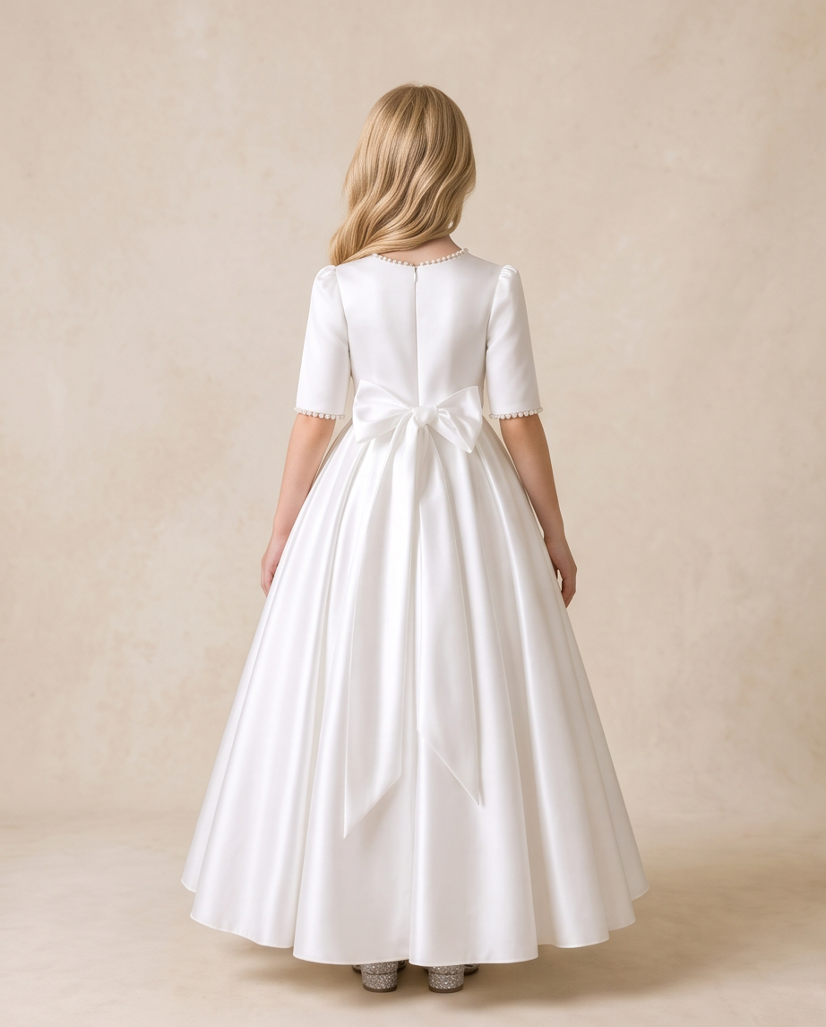 A young girl viewed from behind wearing a white satin first communion dress with short sleeves, a large bow at the back waist, and delicate lace trim at the neckline and sleeve hems, set against a warm beige textured studio backdrop.