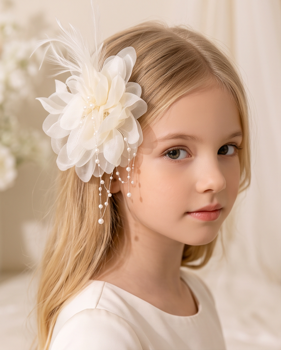 Girl wearing white chiffon flower fascinator with feathers and pearl chain tassel, three-quarter face view