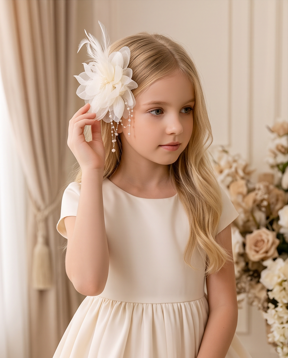 A young girl with blonde hair wearing a cream-colored dress and a matching cream fascinator hair accessory with feathers and beads, posed in an elegant indoor setting with beige curtains and floral arrangements.