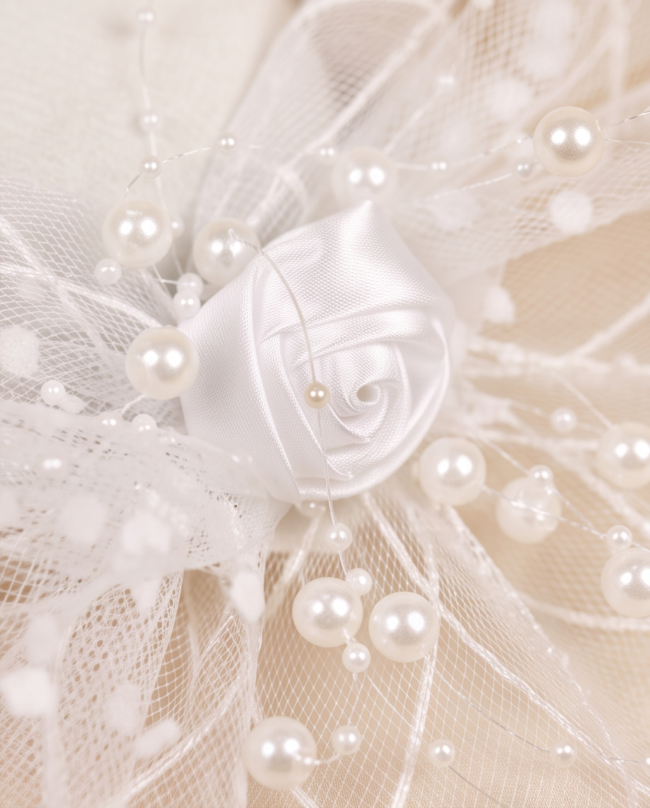 Close-up of white satin rose centre with scattered pearl sprays and tulle netting on fascinator