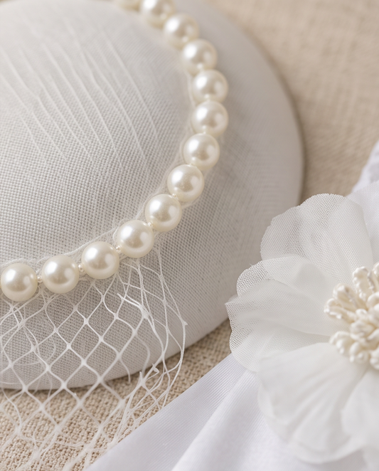 Close-up of white pearl-trimmed fascinator base with birdcage netting and organza flower detail on linen background