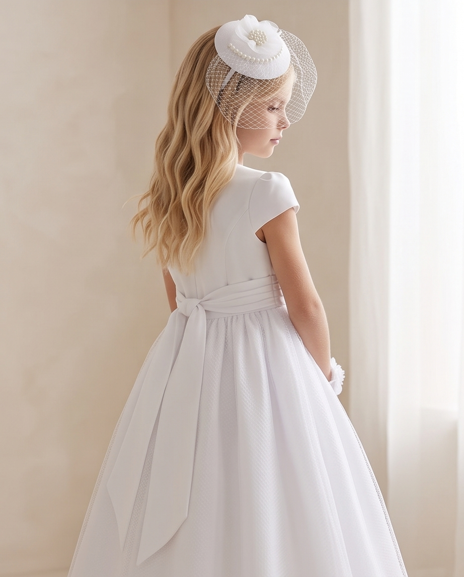 Girl wearing white pearl birdcage fascinator with flower detail and birdcage netting, back view in white communion dress