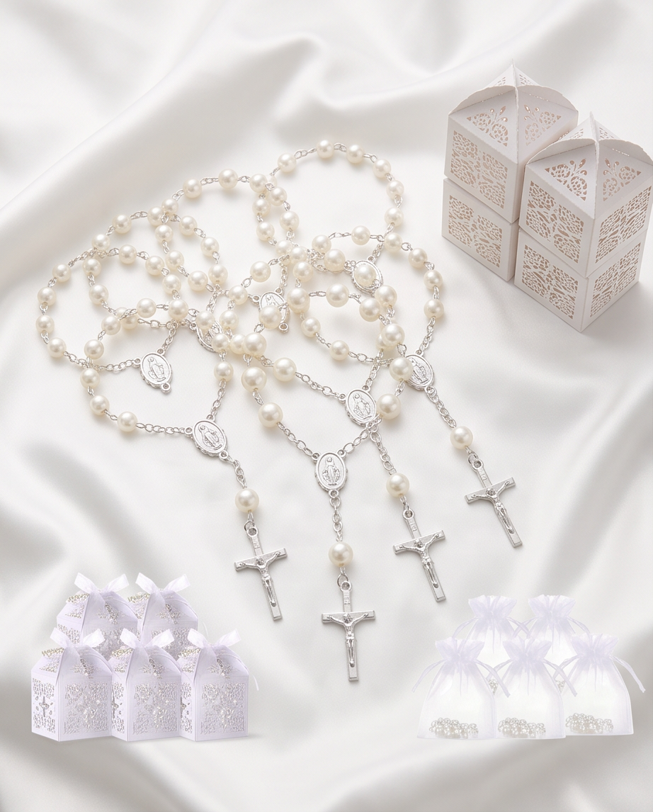 White pearl rosary bracelet with silver crucifix and Miraculous Medal close-up on white background