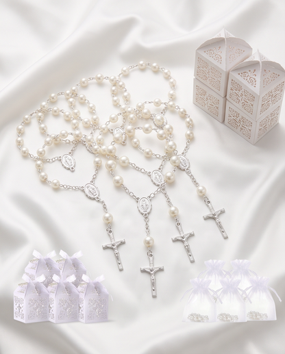 White pearl rosary bracelet with silver crucifix and Miraculous Medal close-up on white background