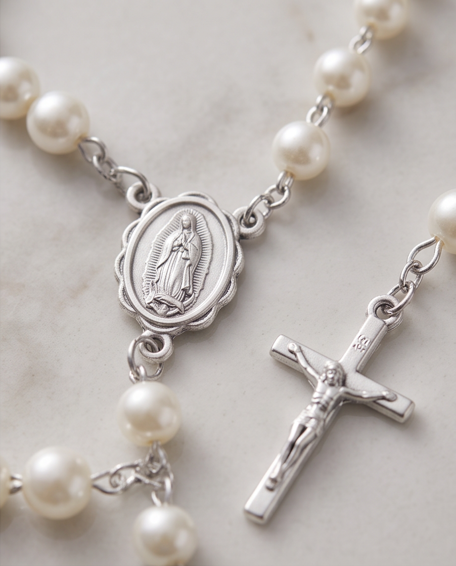 Five white pearl rosary bracelets with silver crucifix and organza bags on white background