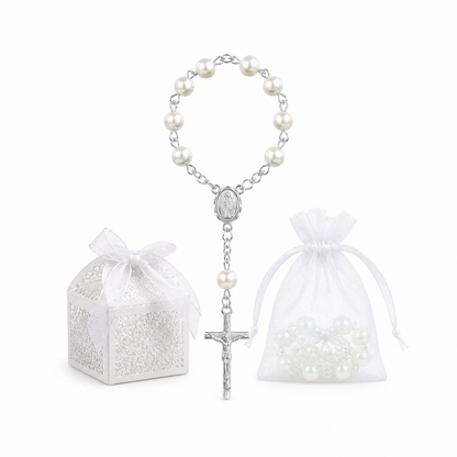 Girls White Pearl Rosary Bracelet | First Communion Gift with Organza Bag & Gift Box