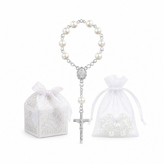 Girls White Pearl Rosary Bracelet | First Communion Gift with Organza Bag & Gift Box