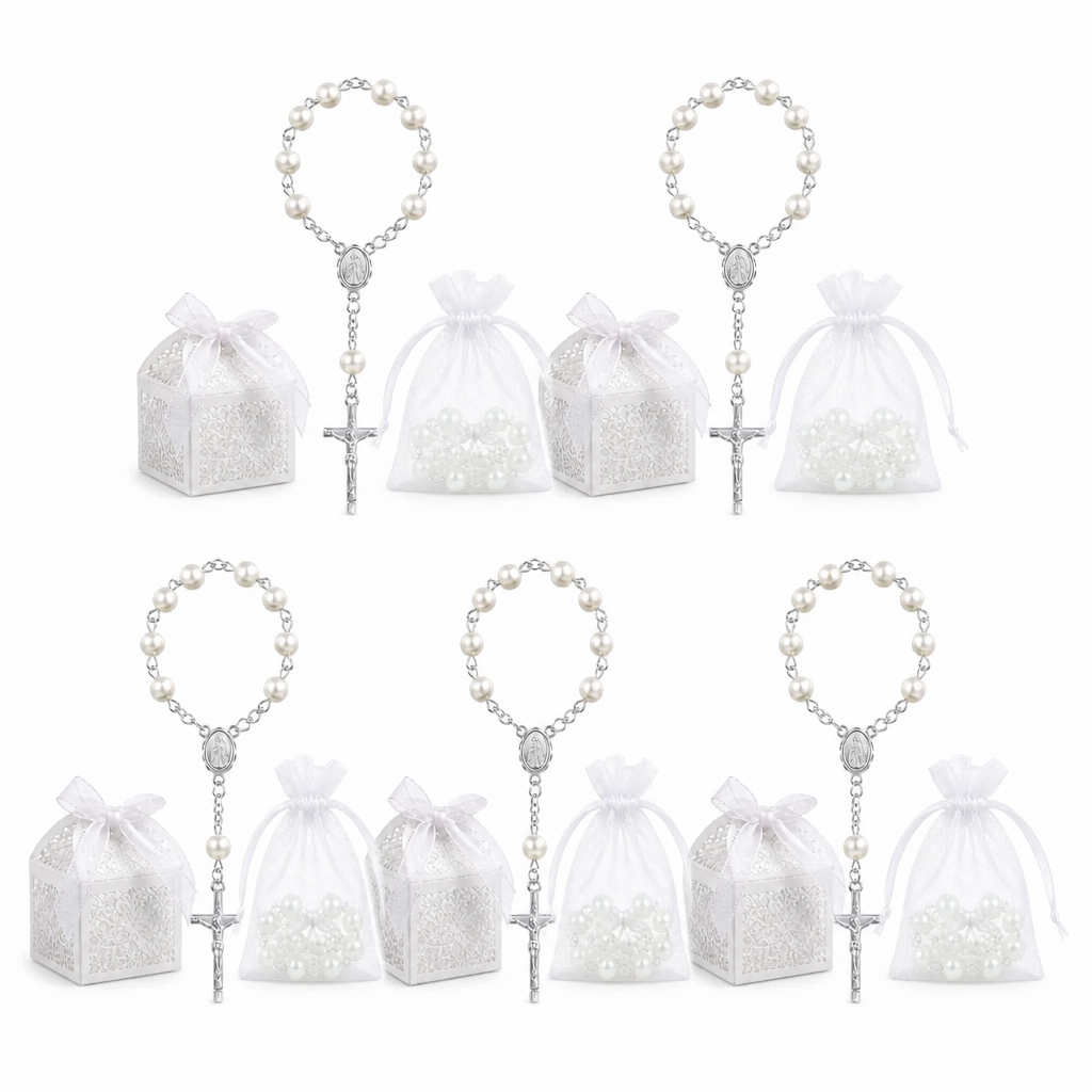 Girls White Pearl Rosary Bracelet | First Communion Gift with Organza Bag & Gift Box