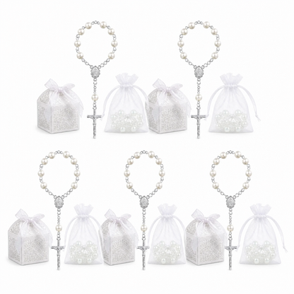 Girls White Pearl Rosary Bracelet | First Communion Gift with Organza Bag & Gift Box