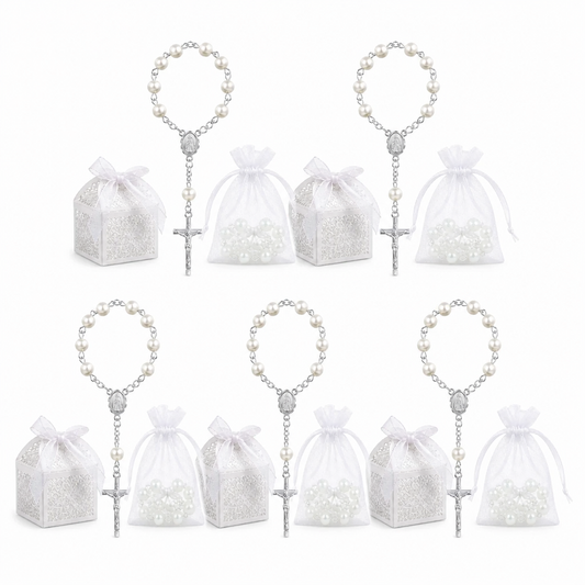 Girls White Pearl Rosary Bracelet | First Communion Gift with Organza Bag & Gift Box