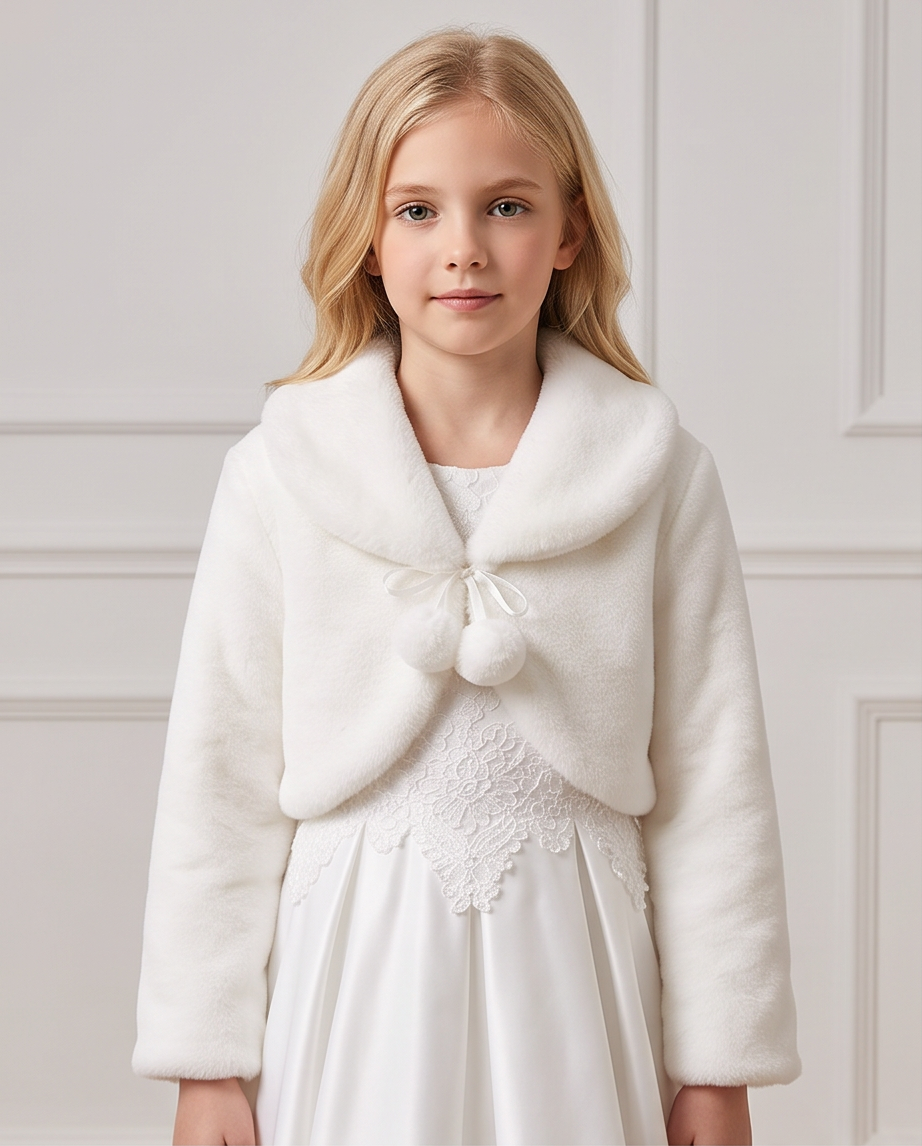 Girls White Faux Fur Bolero Jacket with Pom-Pom Tie | Communion & Special Occasion