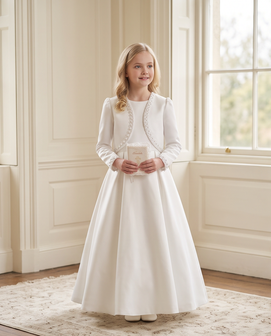 Girl wearing white satin bolero jacket detail view