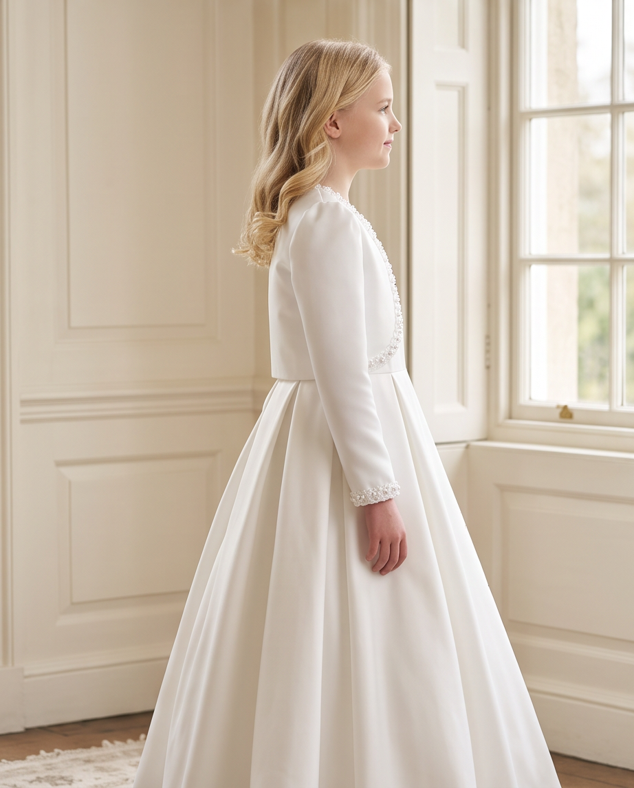 Girl wearing white satin bolero jacket full length view