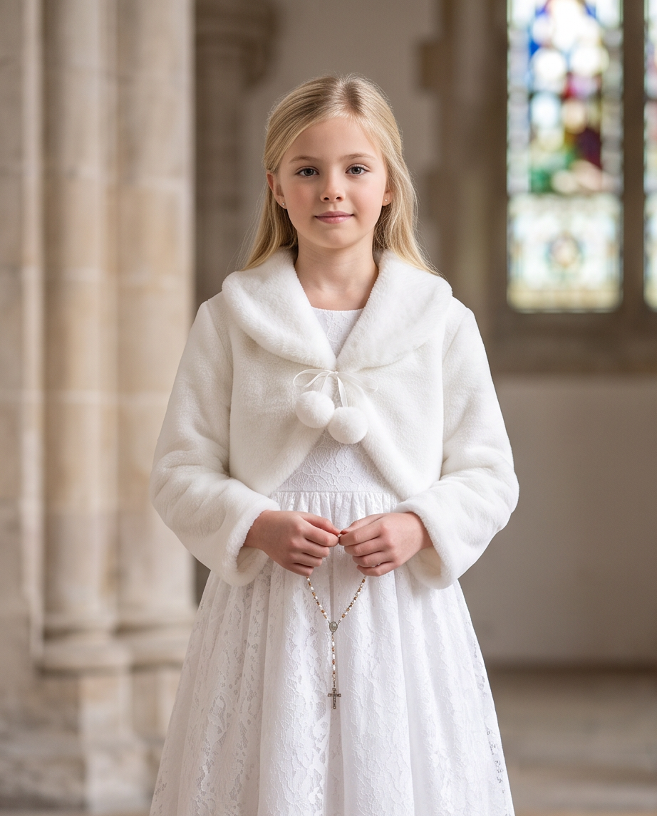Girl wearing white faux fur bolero in church setting