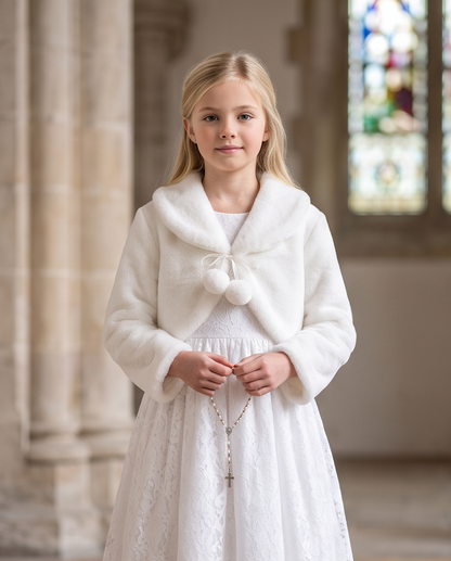Girl wearing white faux fur bolero in church setting