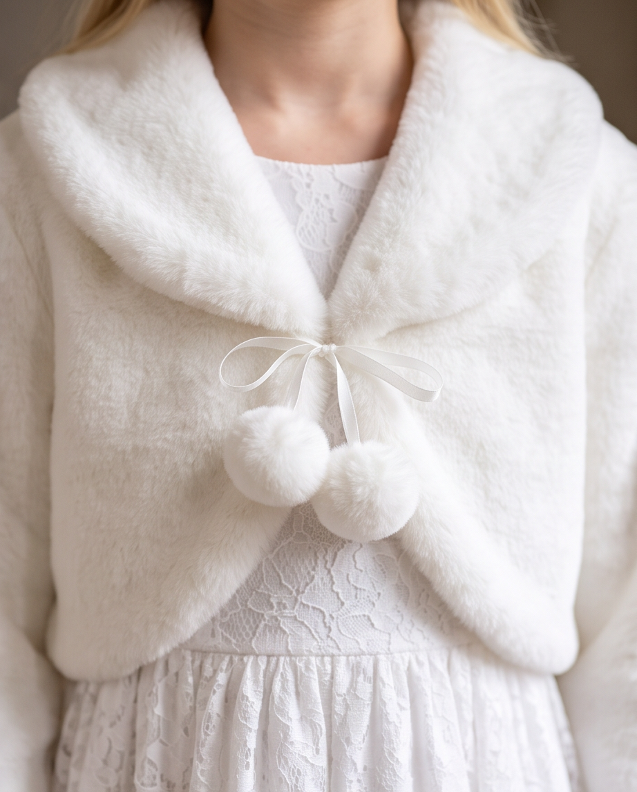 Girl wearing white faux fur bolero side view