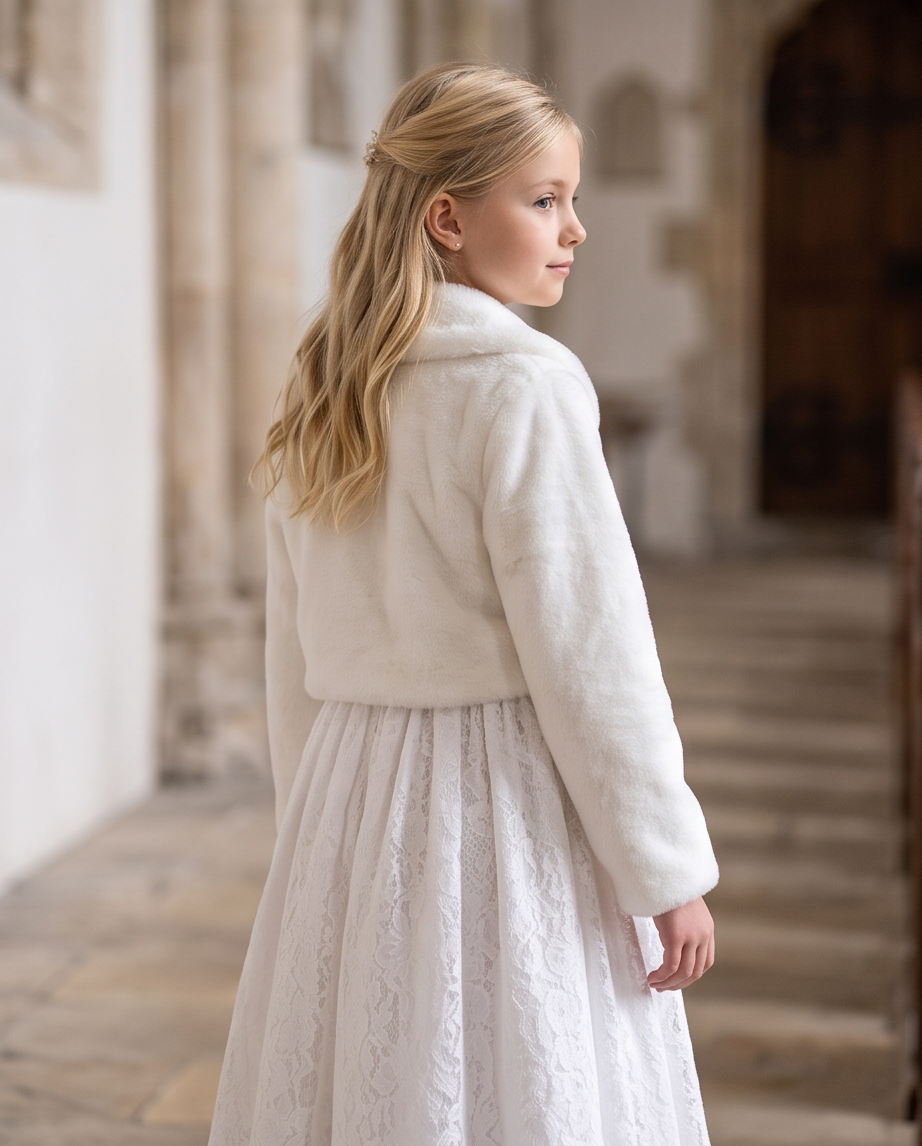Close-up of white faux fur bolero with pom-pom tie closure