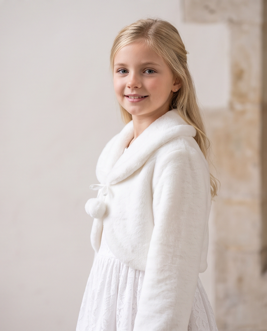 Girl wearing white faux fur bolero jacket outdoors