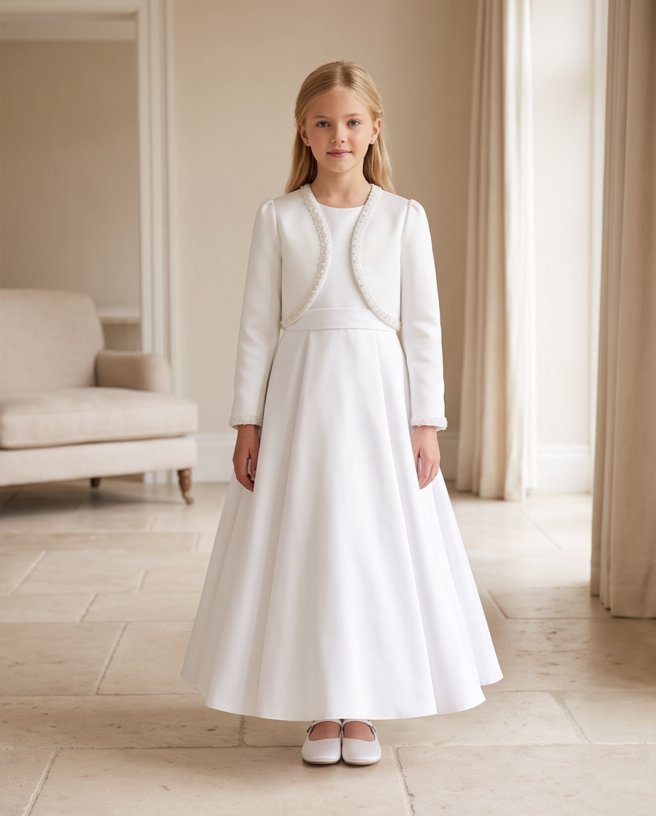 Girl wearing white satin bolero jacket side view indoors