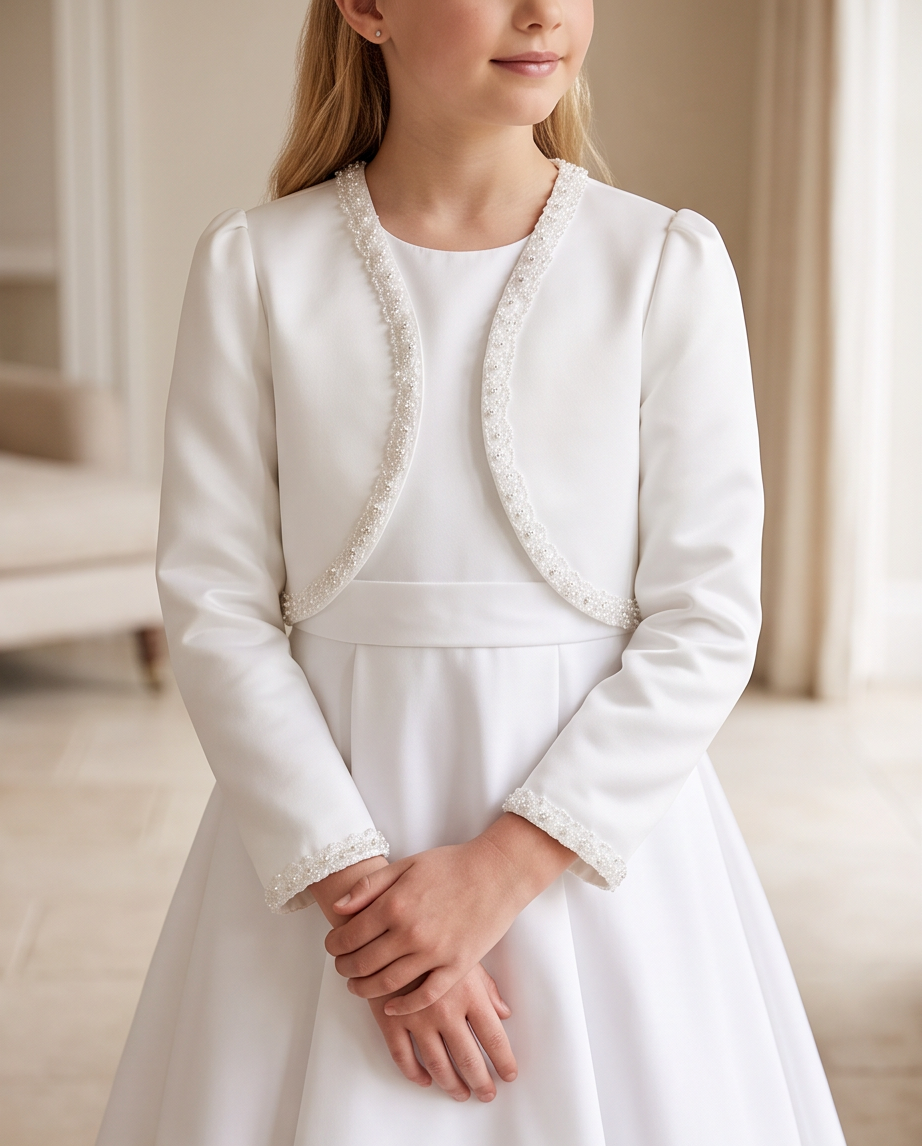 Girl wearing white satin bolero jacket in garden setting